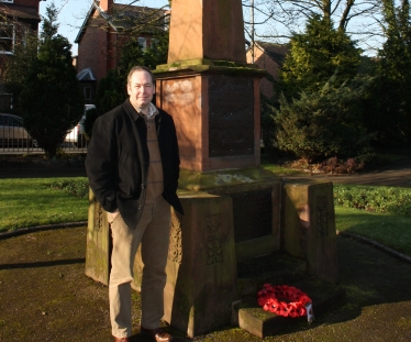 Cllr Owens at the war memorial in Victoria Park, Ormskirk 